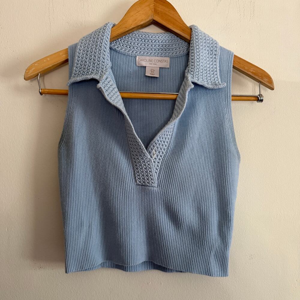 CAROLINE CONSTAS | Baby Blue Collared Ribbed Sleeveless Cropped Sweater | Small